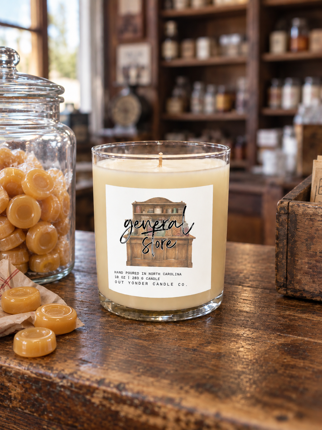 A clear glass jar candle with cream-colored wax sits on a rustic wooden table in a shop setting. The candle features a white label with a brown illustration of a general store and the text 'general store' and 'OUT YOUNGER CANDLE CO'.